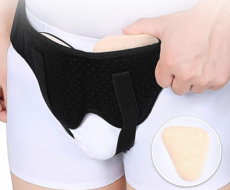 Adjustable inguinal hernia support belt with removable compression pads