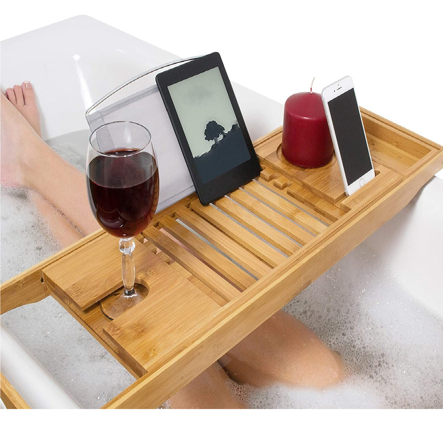 Expandable bamboo bath caddy tray with book stand and wine slot