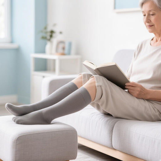 Person putting on knee-high compression socks
