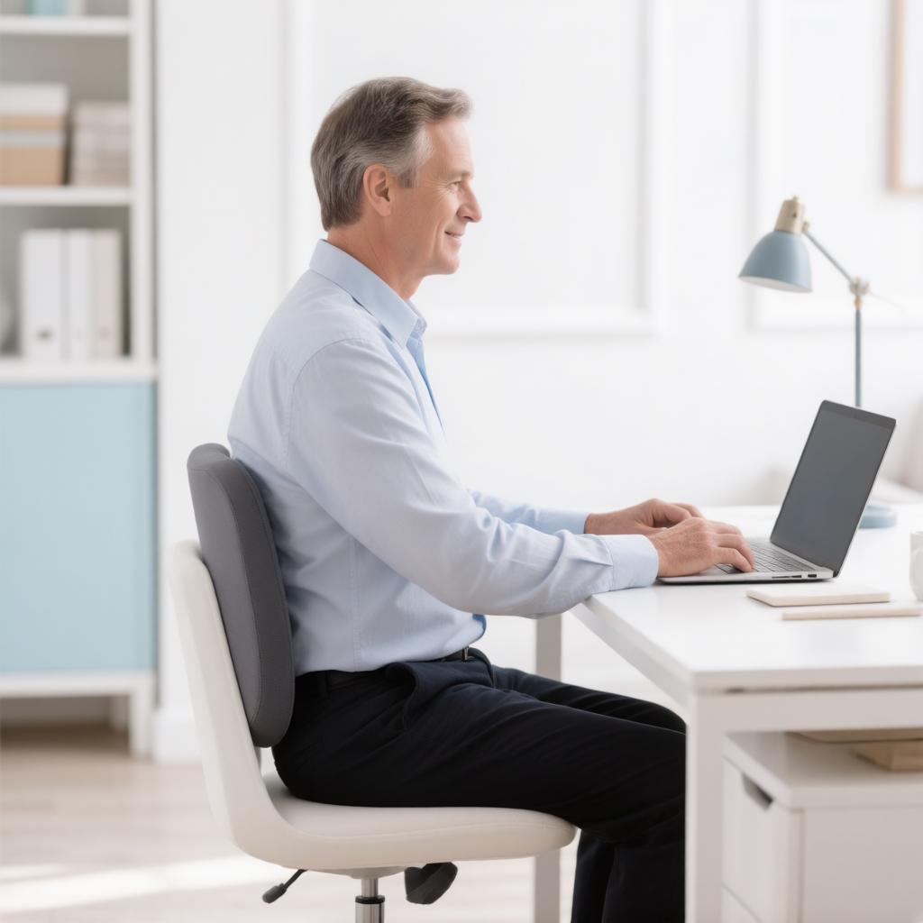 Person sitting at a desk with good posture and lower back support