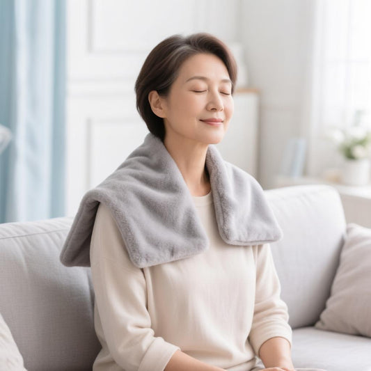 Woman relaxing with a heated neck and shoulder wrap
