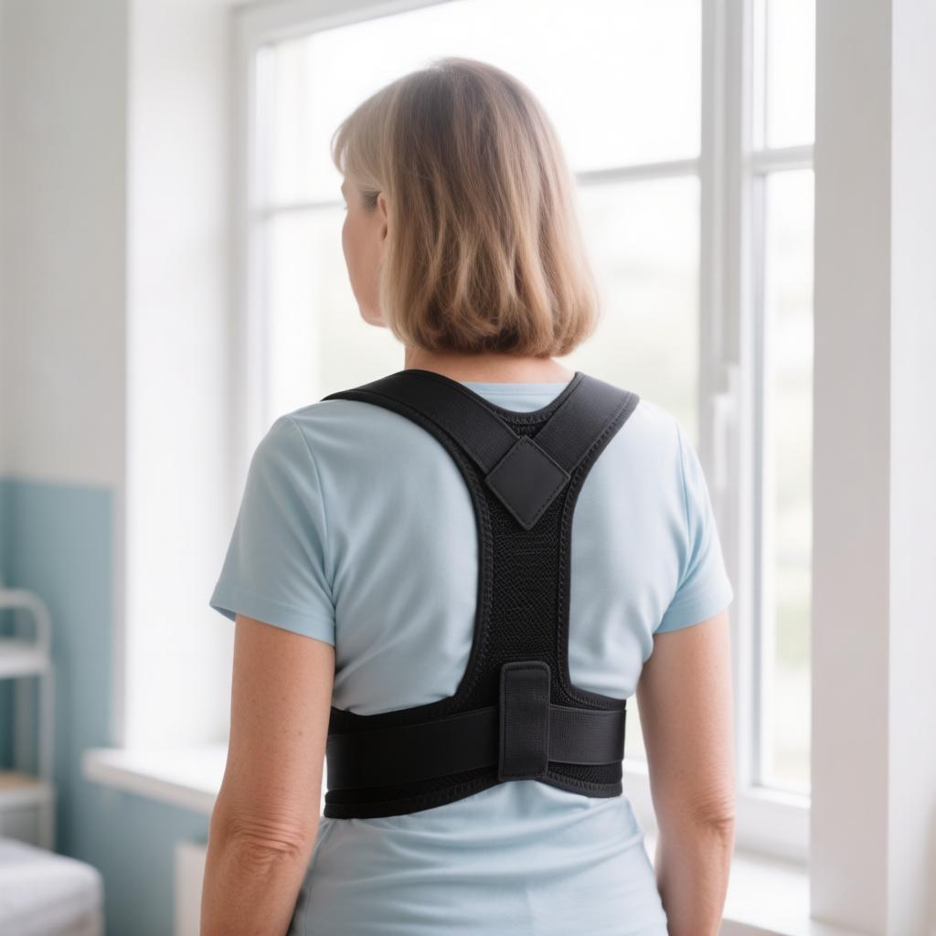 Person wearing a posture corrector brace across the upper back and shoulders