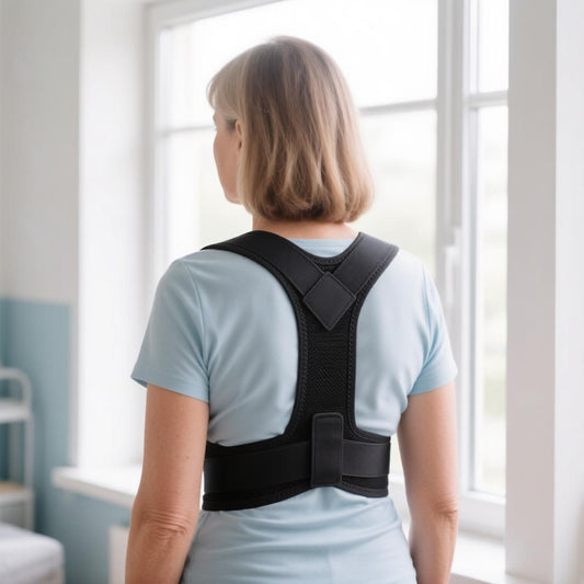 Person wearing a posture corrector brace across the upper back and shoulders