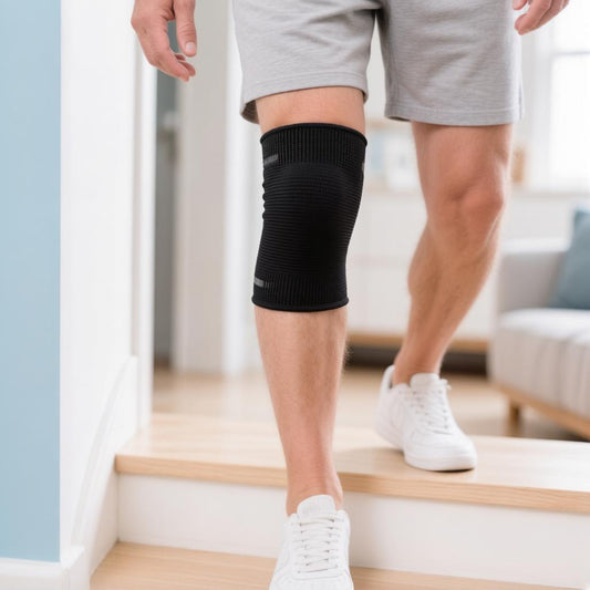 Man walking up steps wearing a black knee compression sleeve