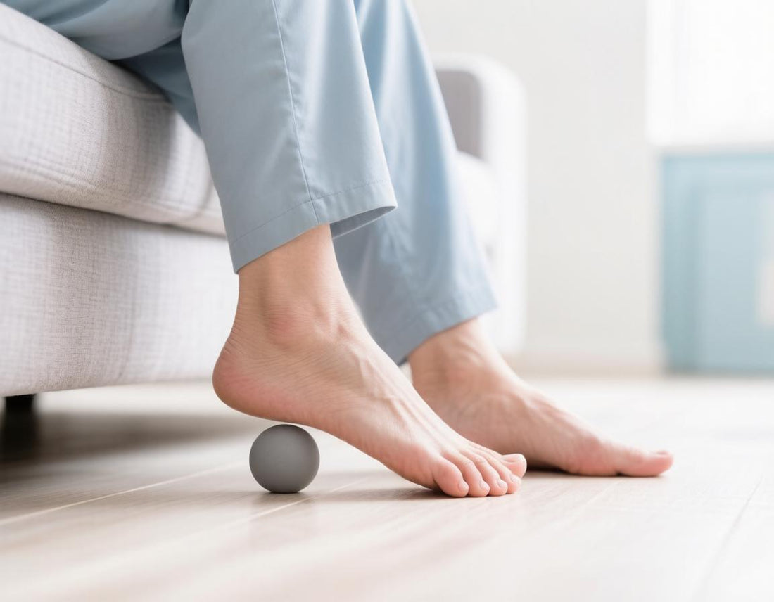 Person rolling the arch of their foot over a massage ball to relieve plantar fasciitis