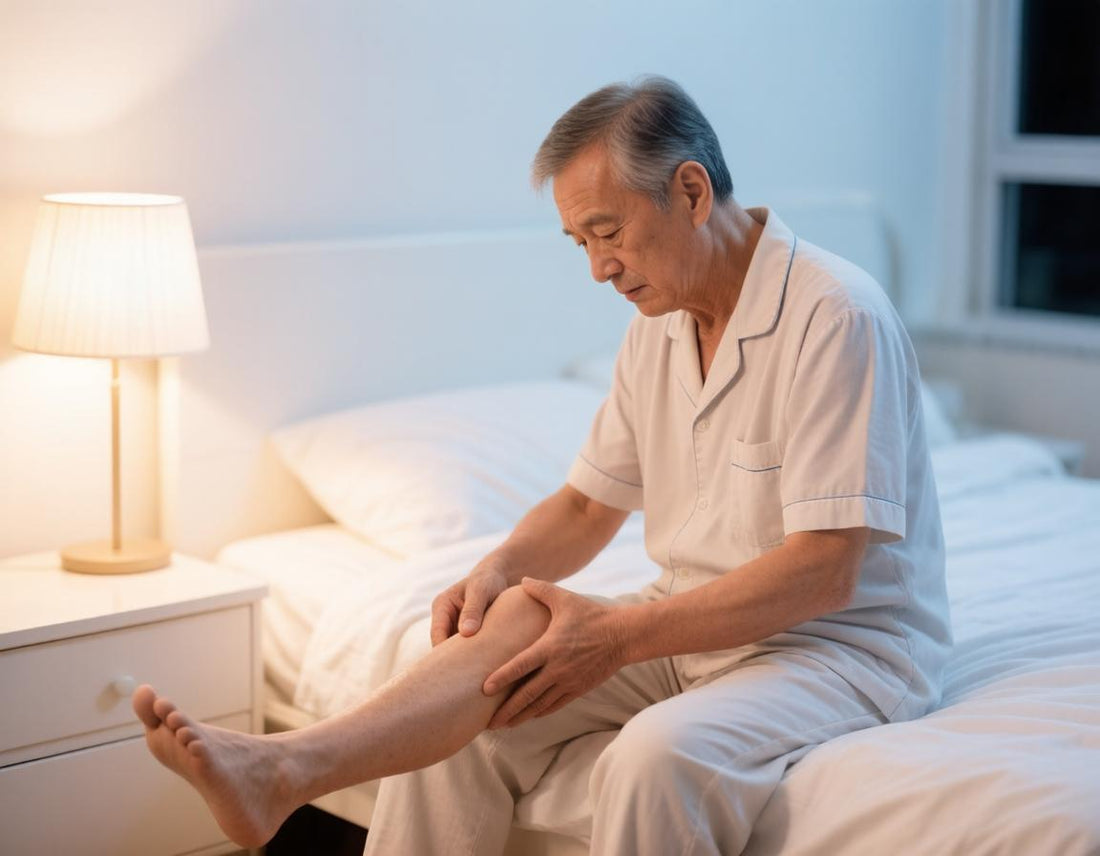 Man sitting on the edge of his bed at night holding a cramping calf muscle