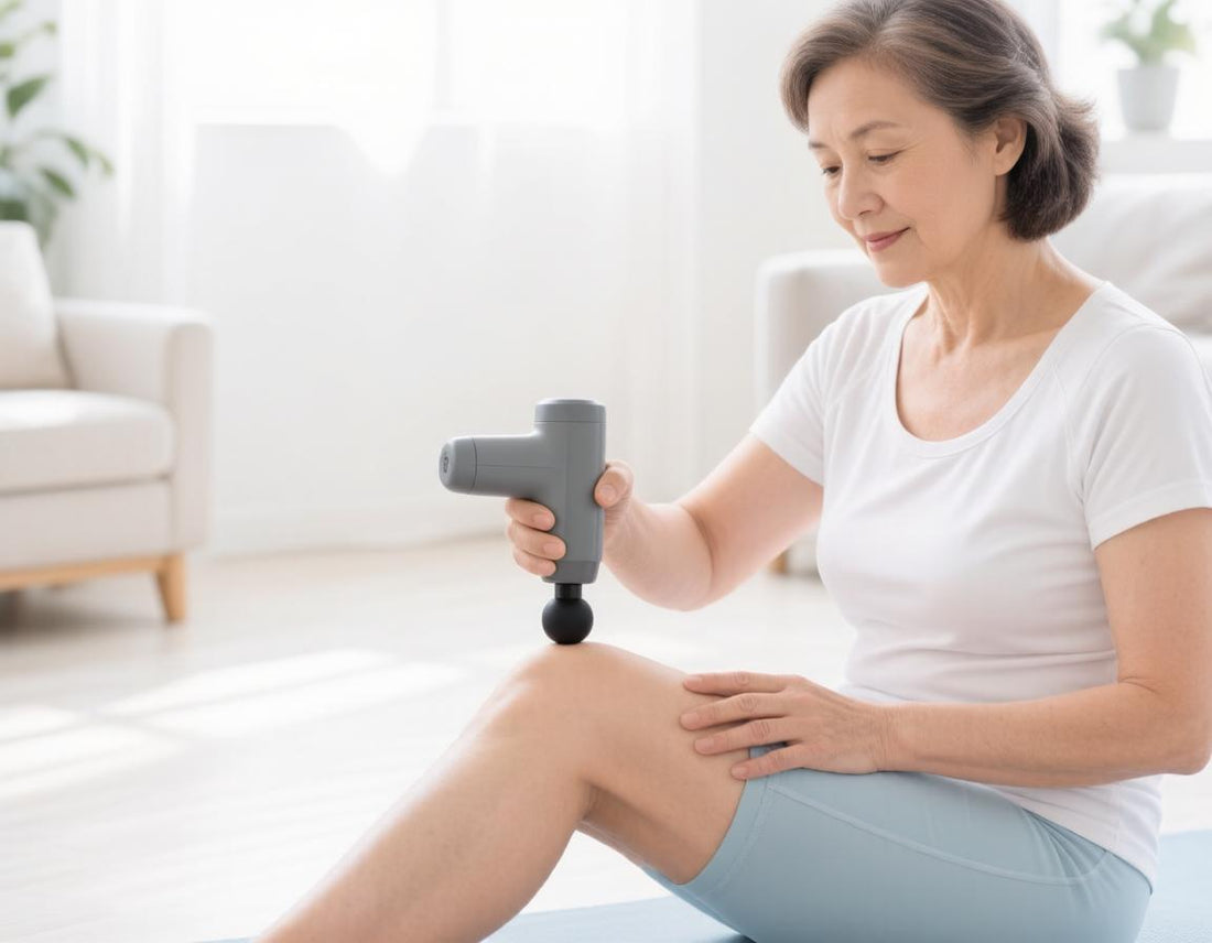 Woman using a handheld massage gun on her thigh muscle at home