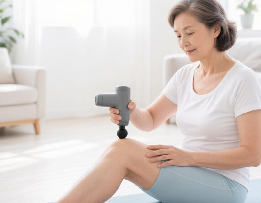 Woman using a handheld massage gun on her thigh muscle at home