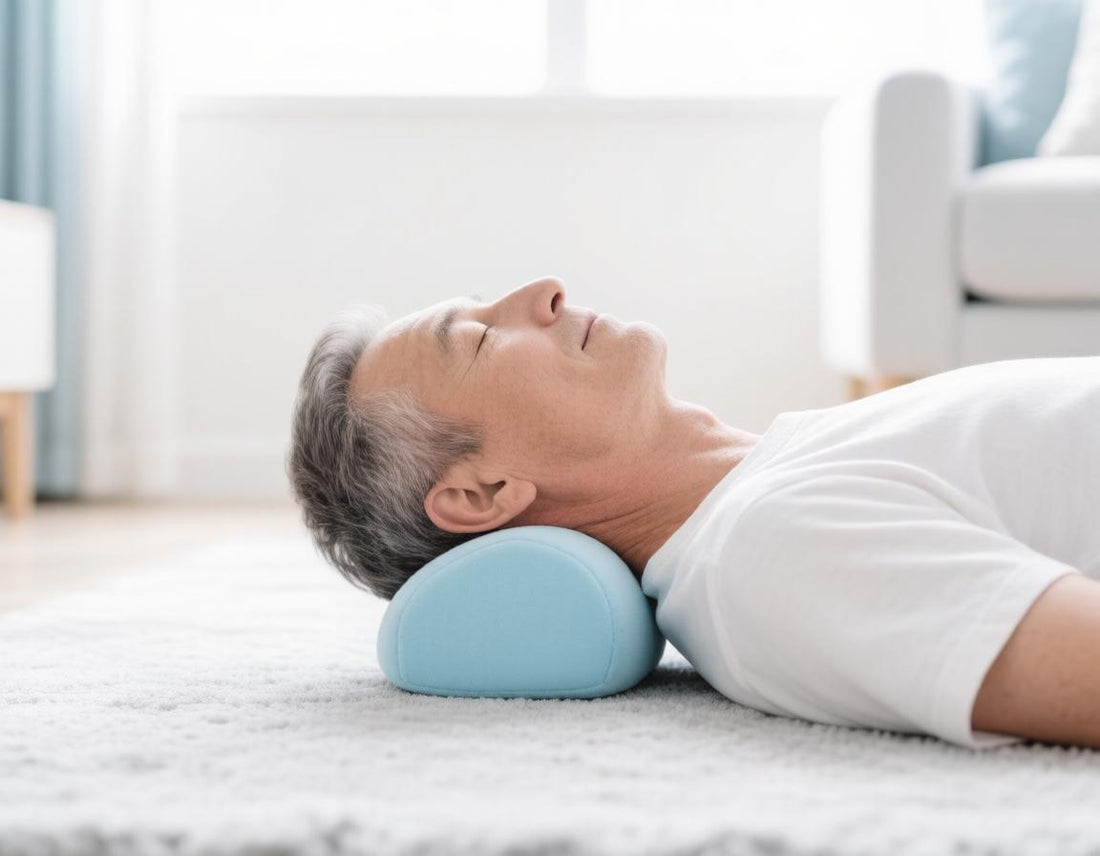 Man lying on his back with a foam neck stretcher supporting his neck