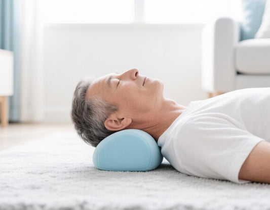 Man lying on his back with a foam neck stretcher supporting his neck