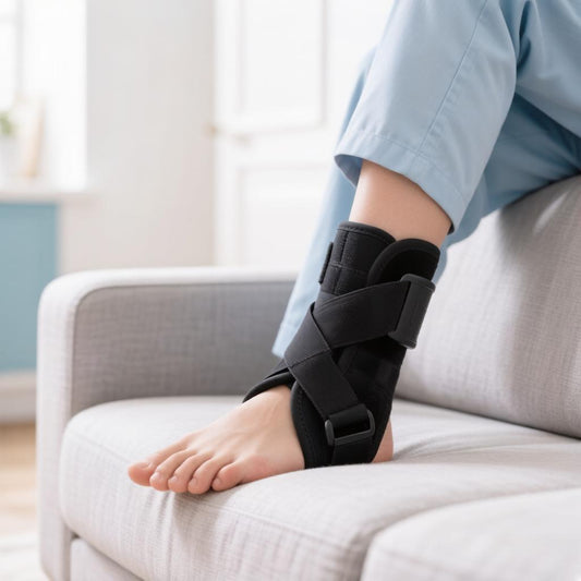 Ankle wrapped in a supportive compression brace after a sprain