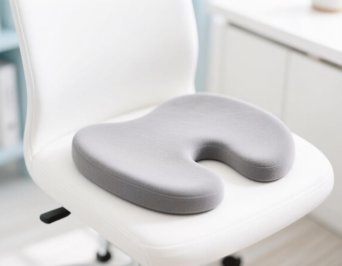 Grey memory foam coccyx seat cushion with a cut-out on a white office chair