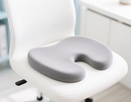 Grey memory foam coccyx seat cushion with a cut-out on a white office chair