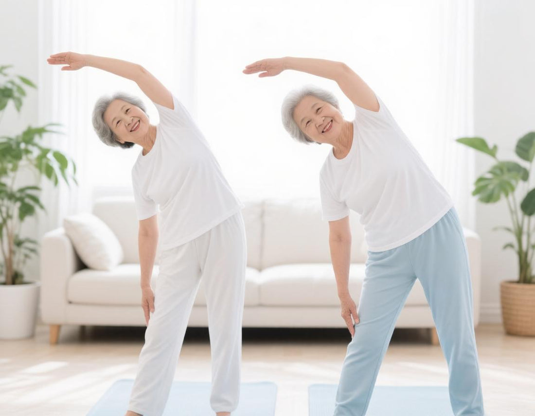 Two older adults doing a gentle standing side stretch on yoga mats at home