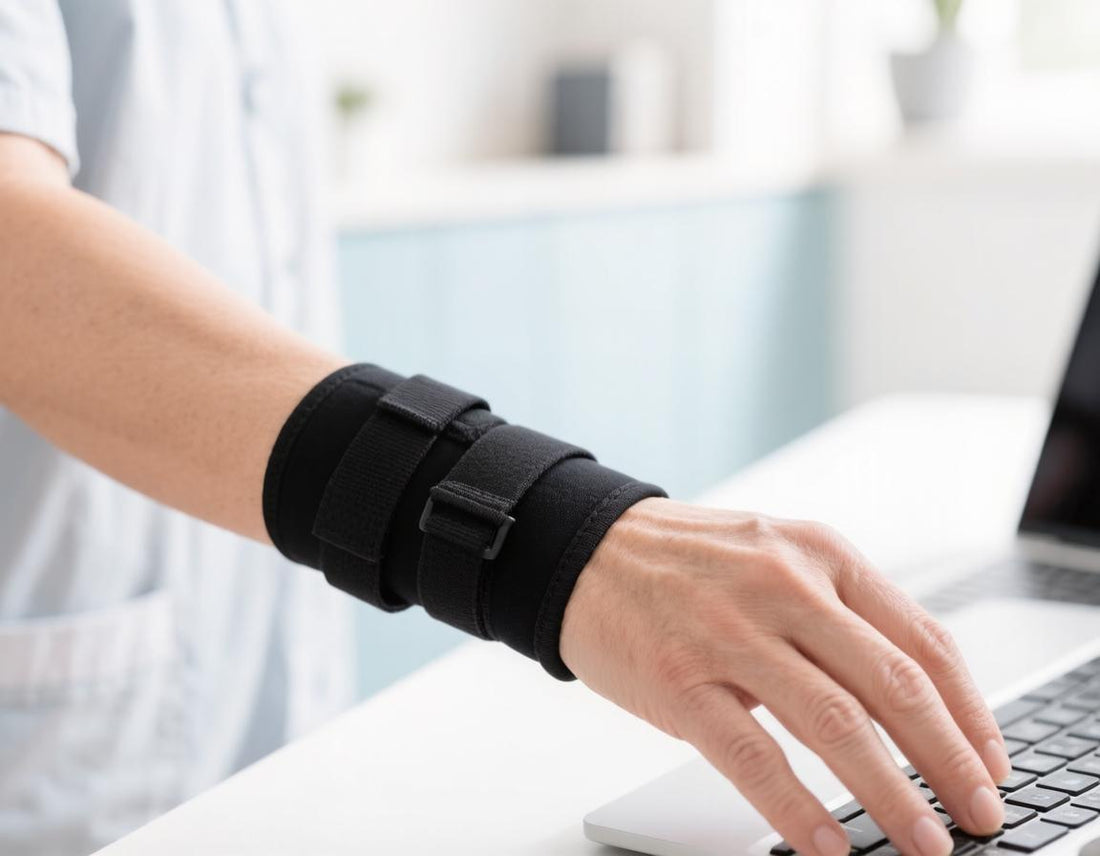 Person wearing a black wrist brace for carpal tunnel while using a laptop