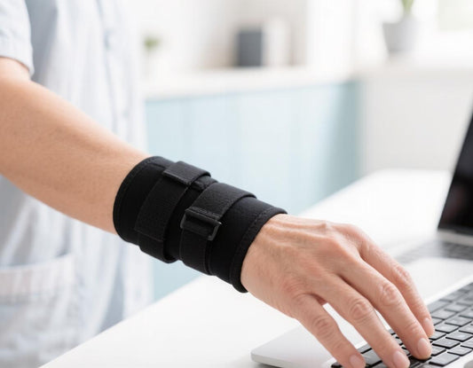 Person wearing a black wrist brace for carpal tunnel while using a laptop