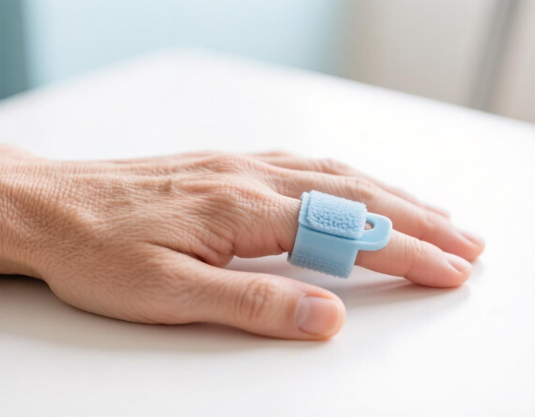 Hand wearing a small finger splint that keeps the ring finger straight