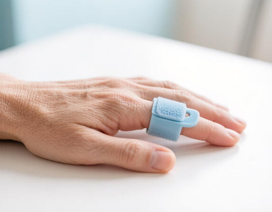 Hand wearing a small finger splint that keeps the ring finger straight