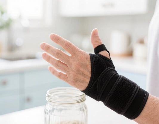 Hand wearing a black thumb support brace next to a glass jar in a kitchen