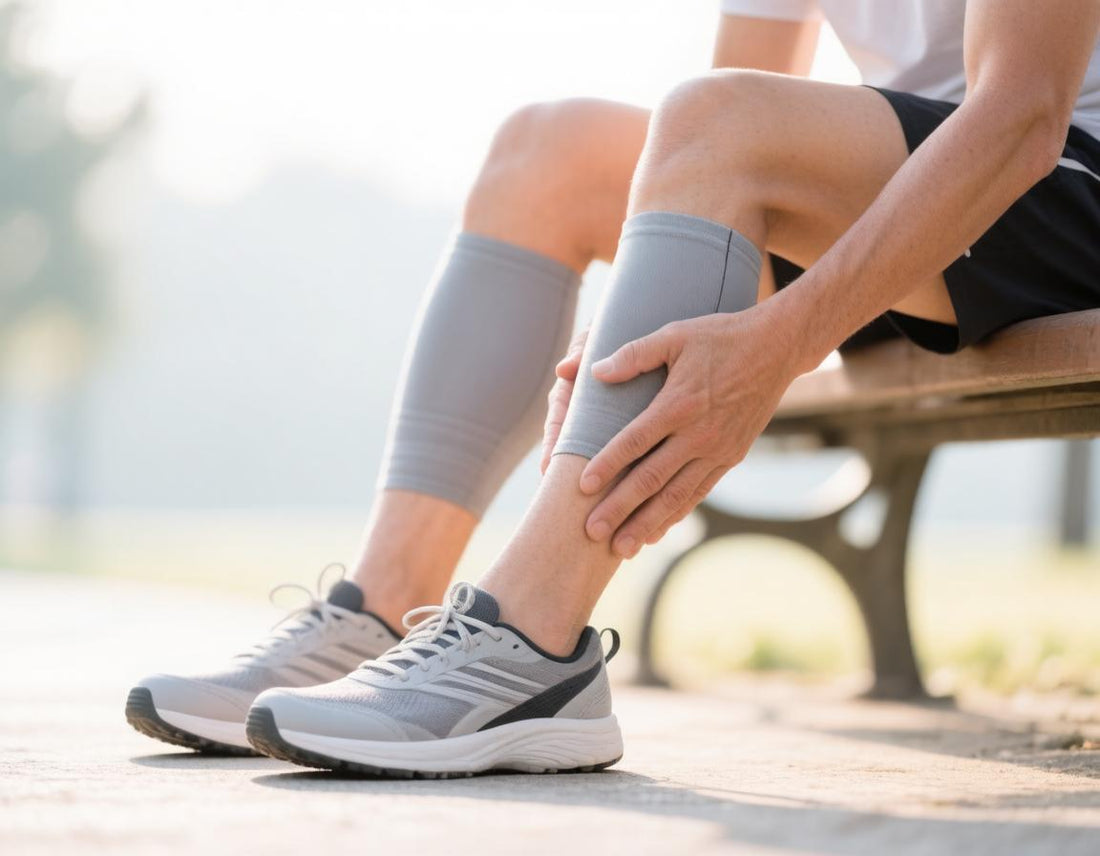 Runner massaging a sore shin while wearing calf compression sleeves
