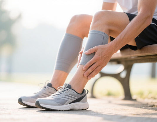 Runner massaging a sore shin while wearing calf compression sleeves