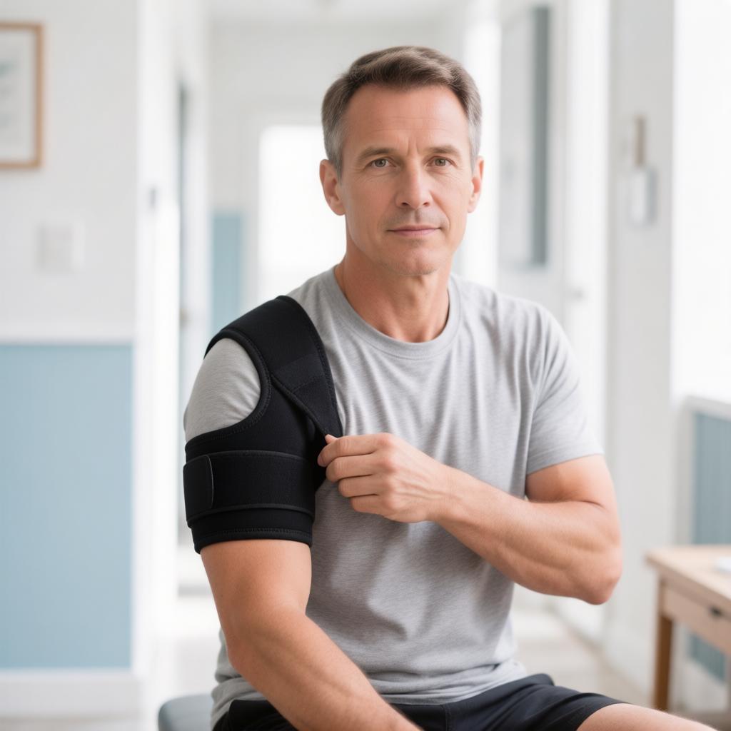Person wearing a shoulder support brace
