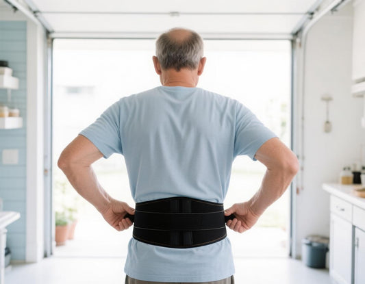 Man fastening a black lumbar support belt around his lower back