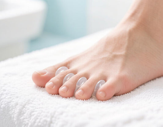 Foot wearing clear gel toe separators between the toes