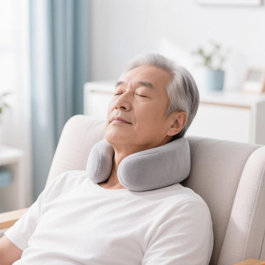 Person easing neck pain with a supportive neck product