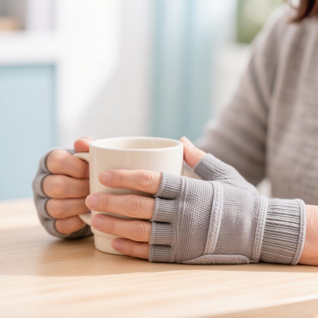 Hands wearing open-finger arthritis compression gloves