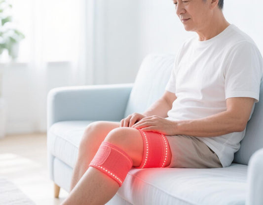 Man using a red light therapy wrap around his knee at home