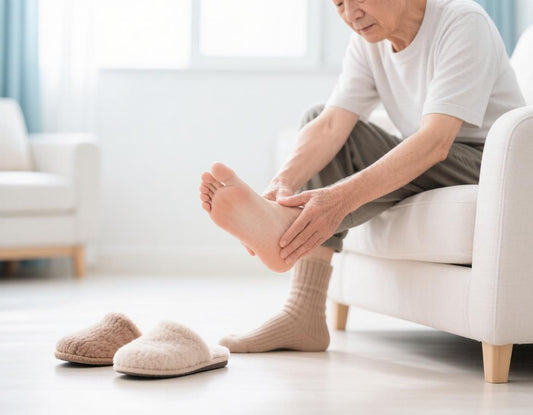Older man gently checking and massaging his foot, with soft socks and slippers nearby