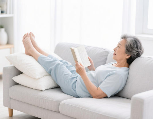 Older woman resting on a sofa with her legs elevated on pillows to reduce ankle swelling