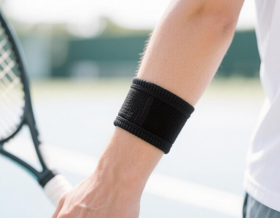 Forearm wearing a tennis elbow counterforce strap while holding a racket