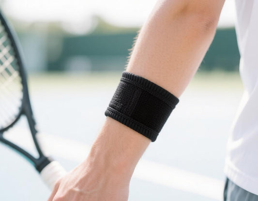 Forearm wearing a tennis elbow counterforce strap while holding a racket