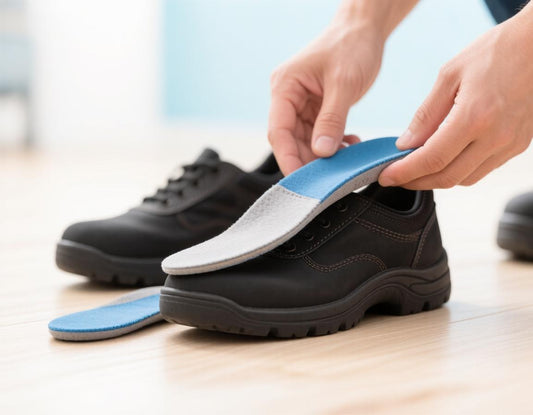 Hands placing a cushioned arch-support insole into a work shoe