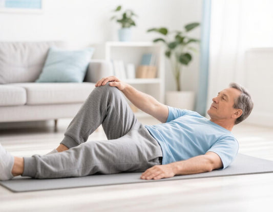Man doing a gentle knee-to-chest stretch on an exercise mat at home for sciatica relief