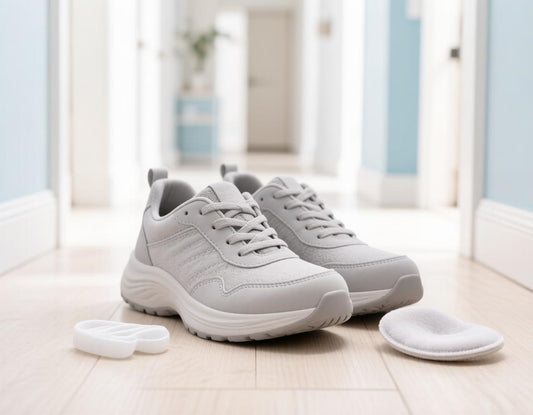 Wide comfortable walking shoes with a toe spacer and a bunion cushion pad