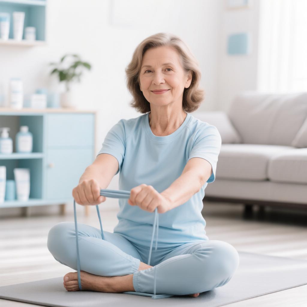 Woman stretching with a resistance band on a yoga mat at home