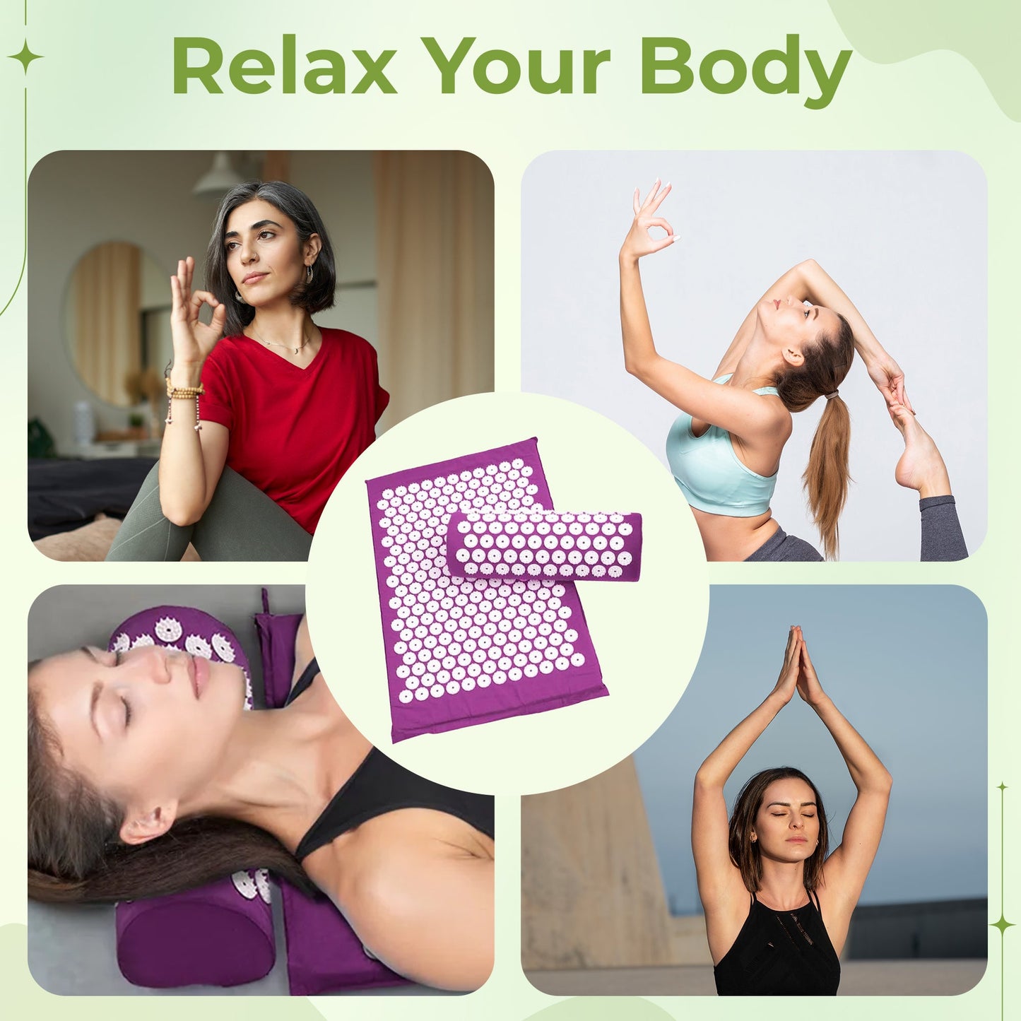 Acupressure mat and pillow set for relaxation