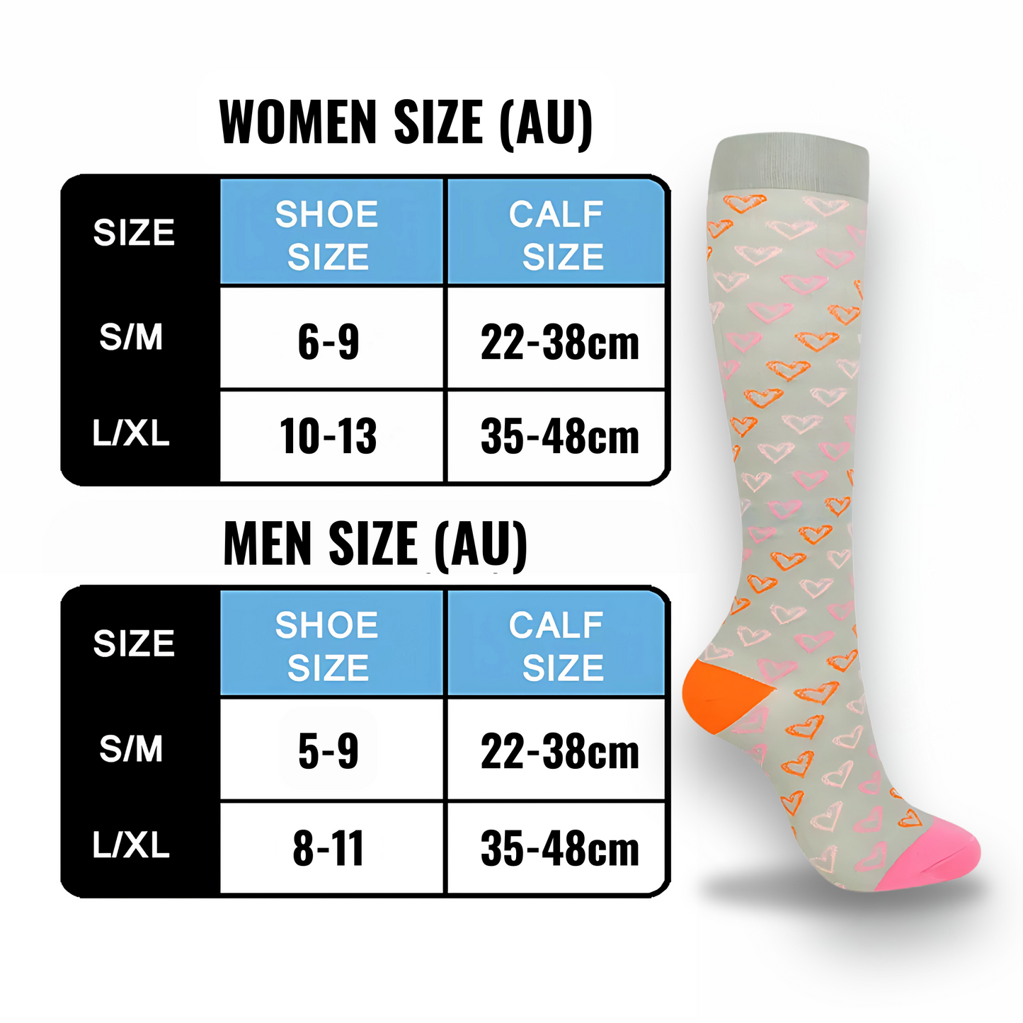 Heart-print 20-30mmHg knee-high compression socks pair