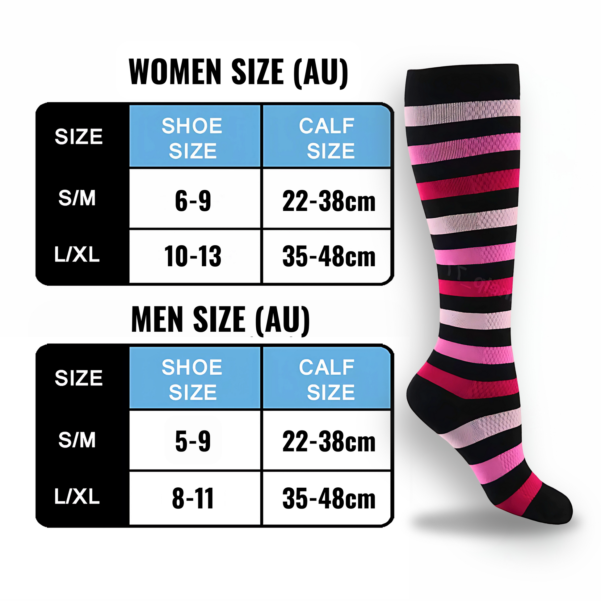 Striped 20-30mmHg knee-high compression socks pair