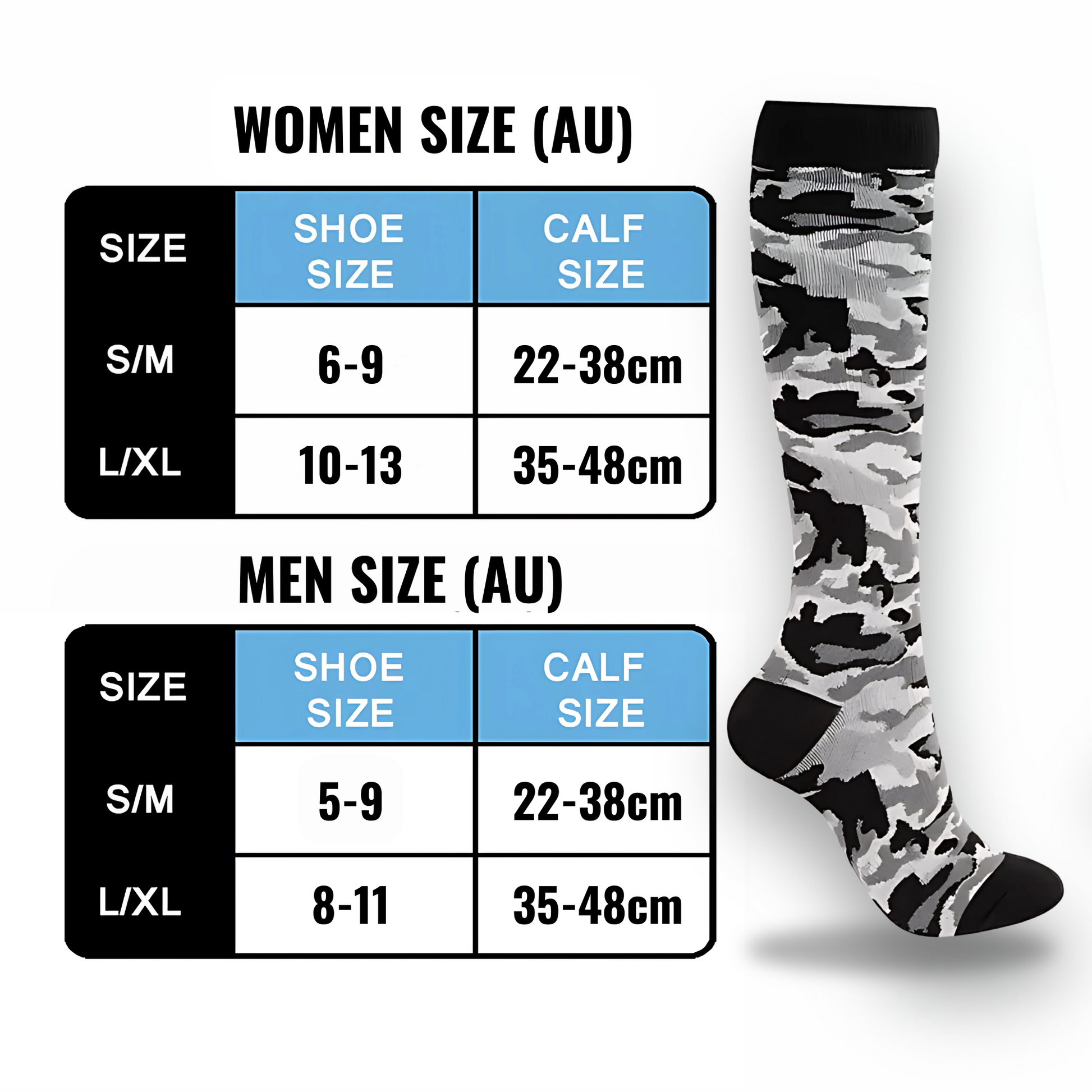 Camo-print 20-30mmHg knee-high compression socks pair
