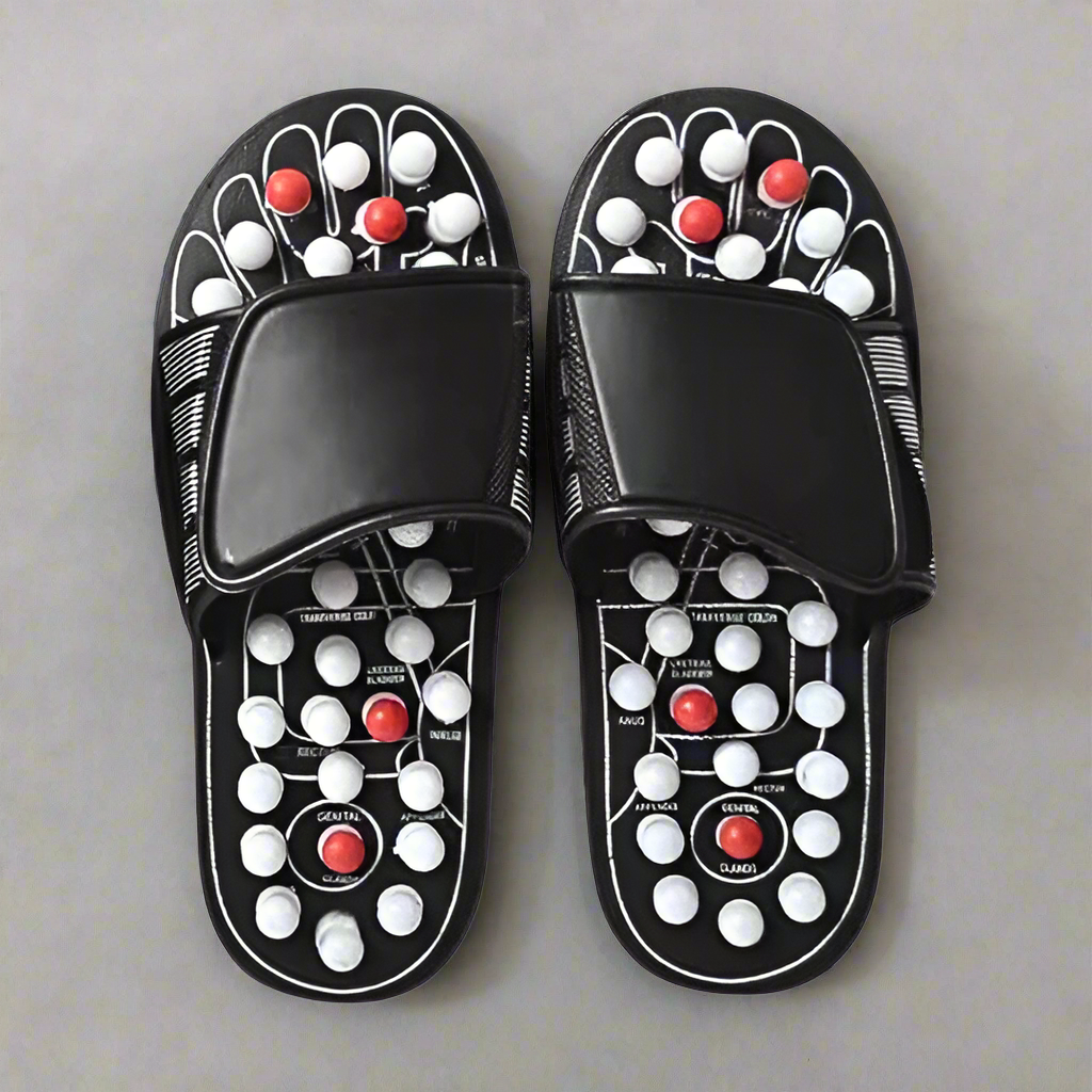 Acupressure reflexology slip-on wellness sandals for foot stimulation