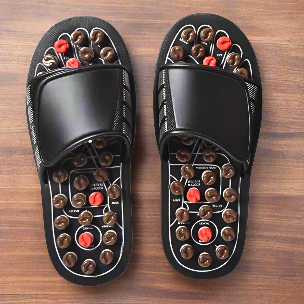 Acupressure reflexology slip-on wellness sandals for foot stimulation