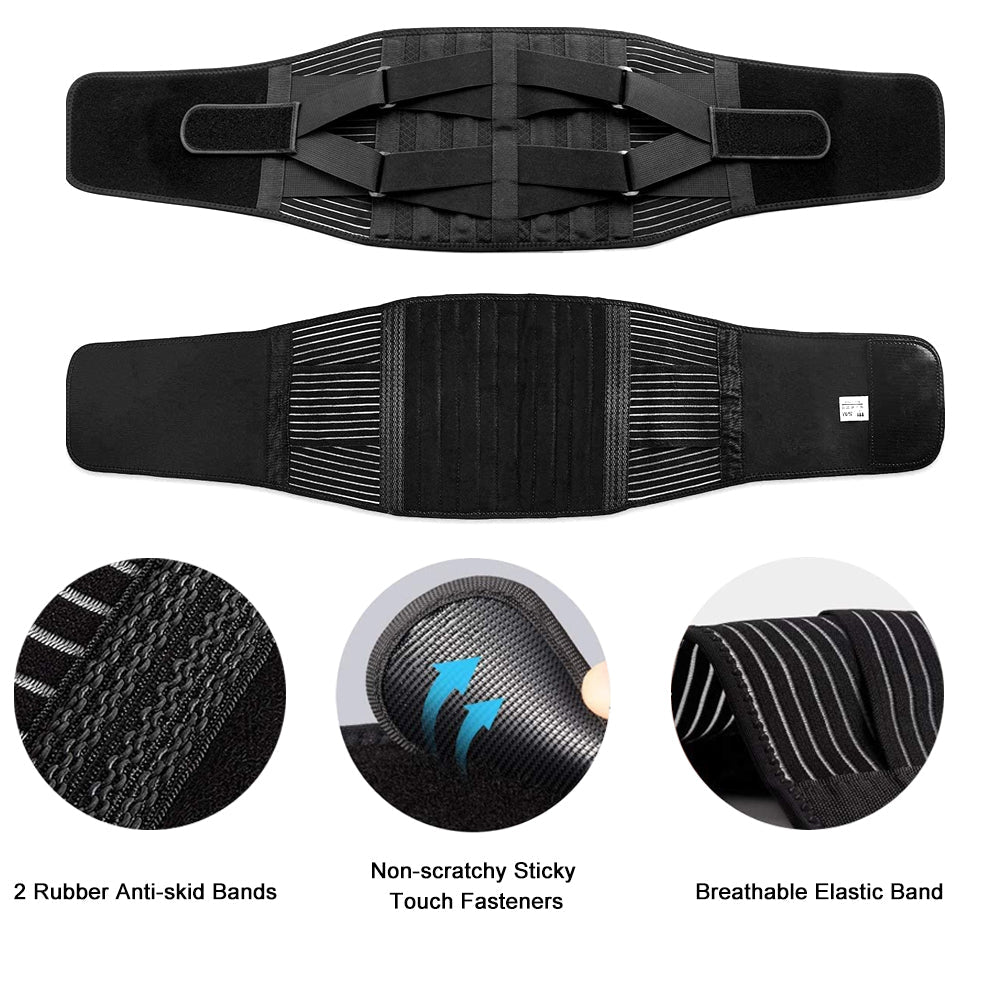 Heavy-duty lower back support brace with dual compression straps for lifting