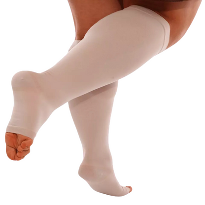 Plus-size open-toe 20-30mmHg compression socks for wide calves and edema
