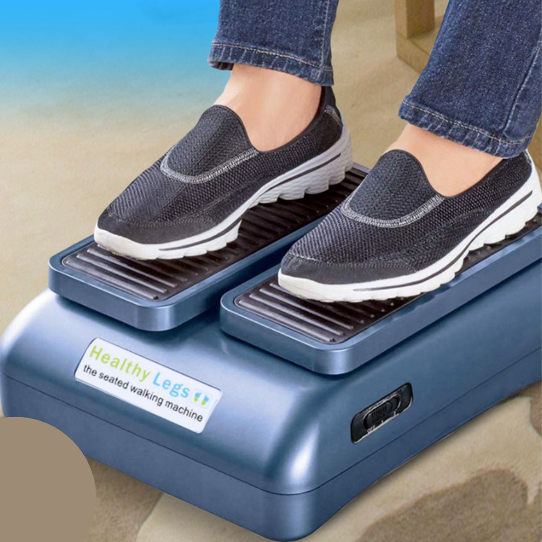 Electric seated under-desk leg exerciser with automatic pedals
