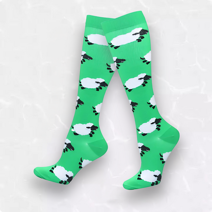 Fun-patterned 20-30mmHg knee-high compression socks pair