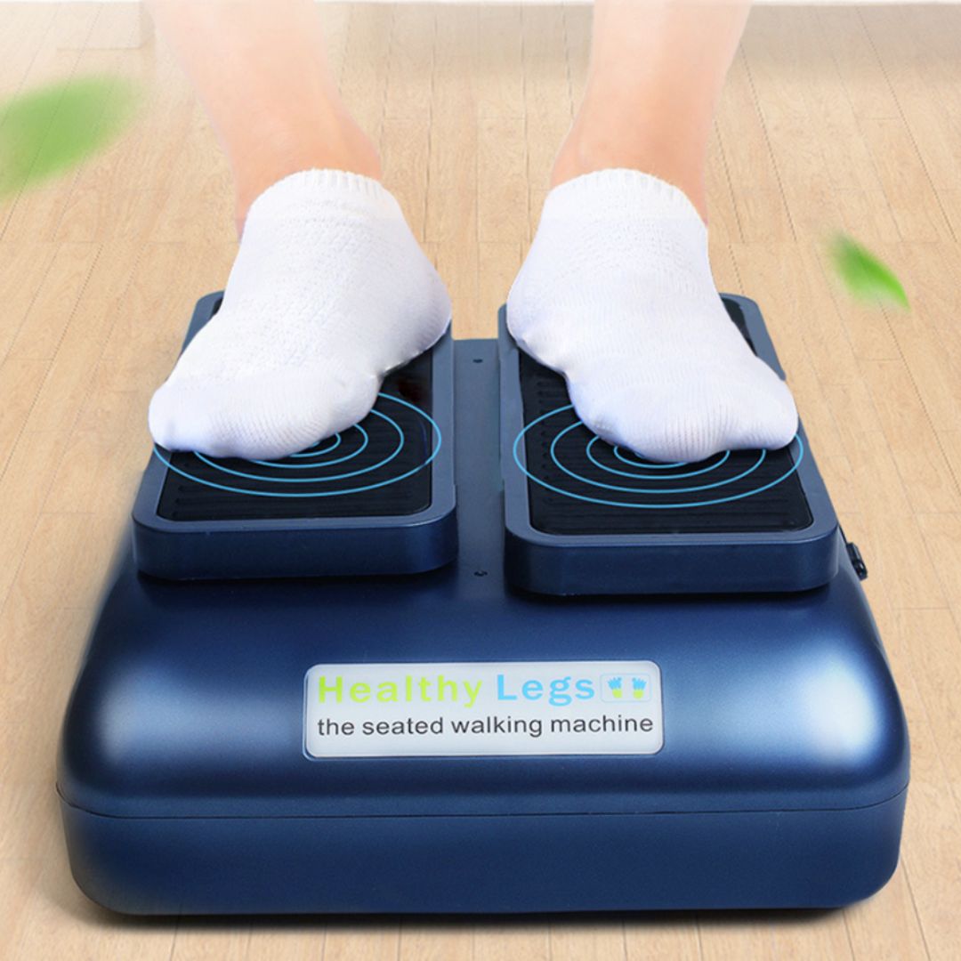 Electric seated under-desk leg exerciser with automatic pedals
